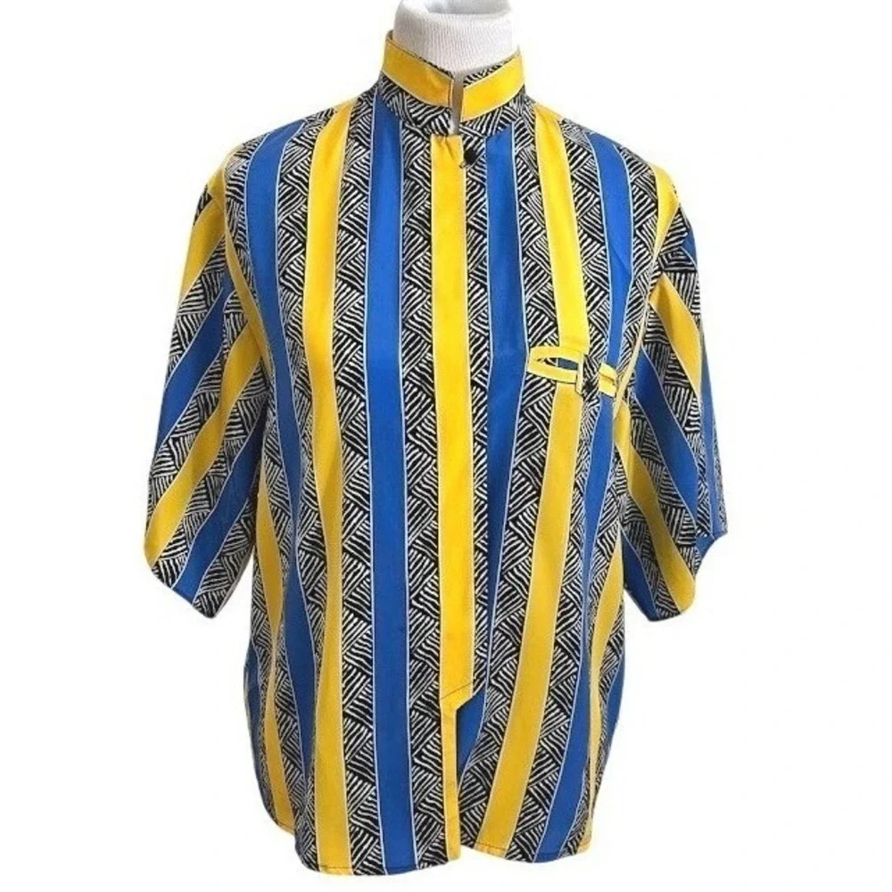 Vintage 1990's Blue‎ Yellow Stripe Short Sleeve Shirt Size XL Vibrant Bold - Picture 2 of 7
